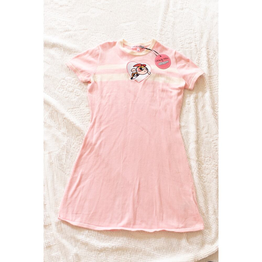 NEW Rare Dolls Kill Power Puff Girls Sweater Dress M Pink Cotton Short Sleeve